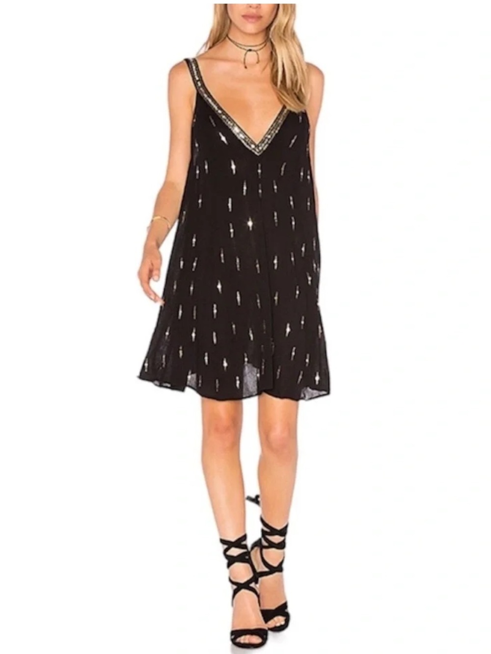 Free People Black Intimately Rising Sun Sequin   V‑Neck Beautiful Dress